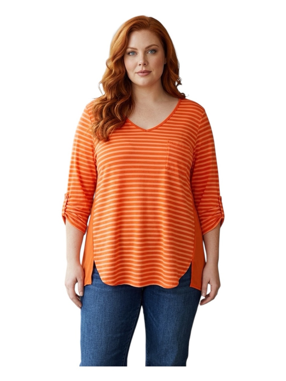 Plus Size 4 torrid Orange Striped V-Neck 3/4 Sleeve Tunic